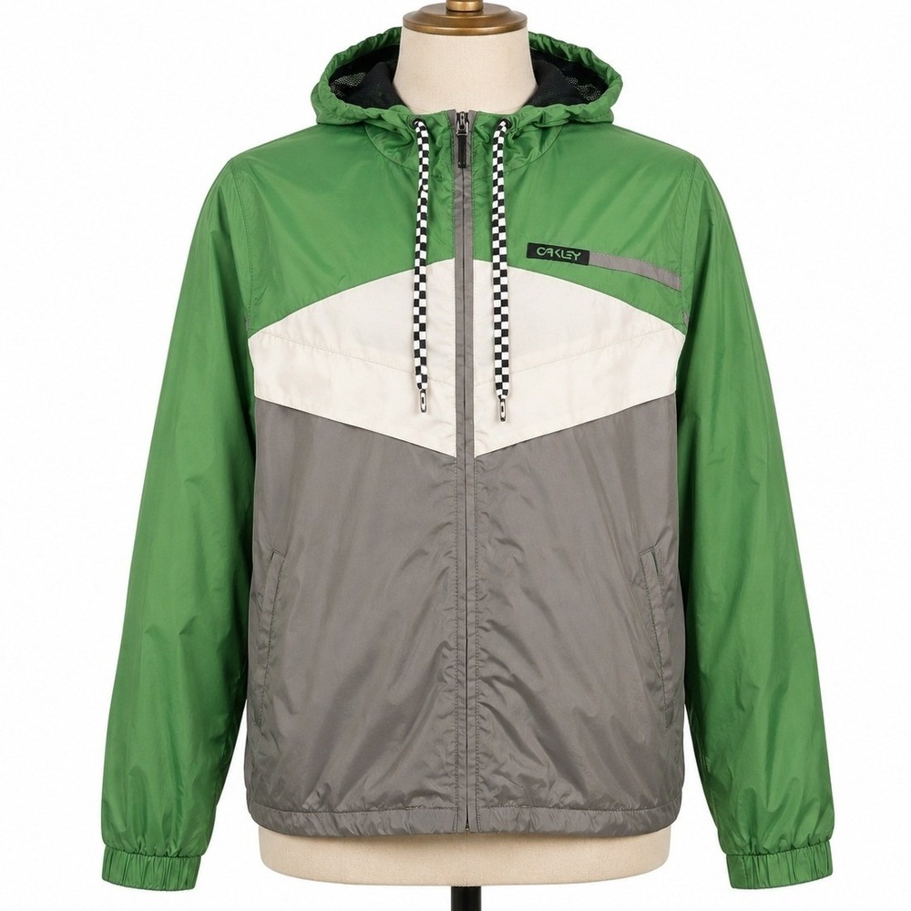 Oakley Factory Pilot Y2K Hooded Windbreaker Jacket Green Gray Reflective Mens L‎